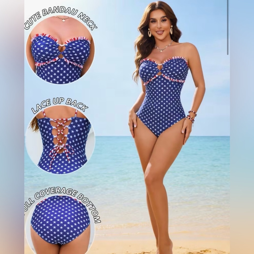 American Flag Stars Stripes Bandeau Ruffle Trim Swimsuit with Removable Straps - Picture 6 of 12